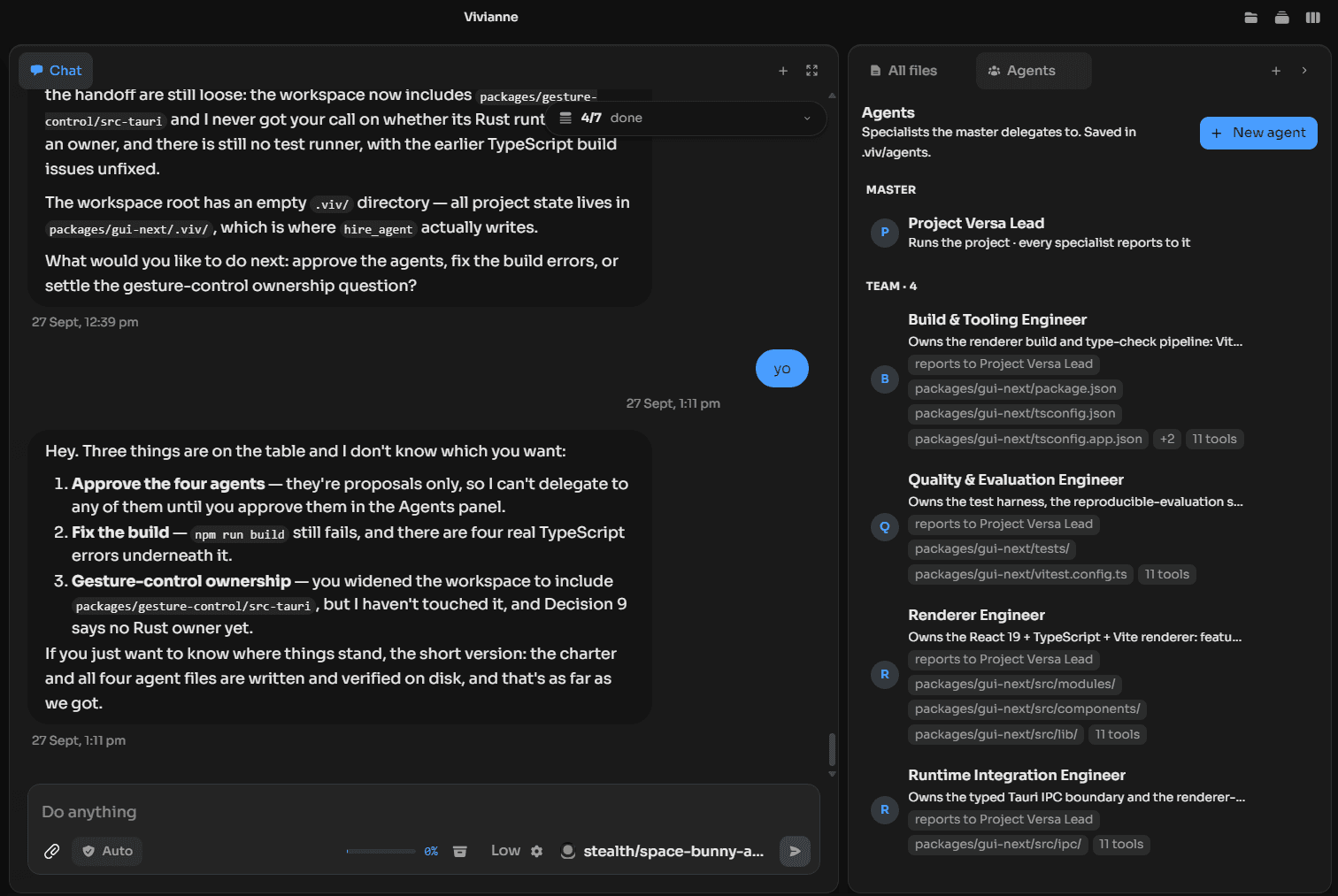 Vivianne's Agents panel: a Project Versa Lead master agent with a team of four employee agents (Build & Tooling, Quality & Evaluation, Renderer, and Runtime Integration engineers), each scoped to its own files and tools and reporting to the master