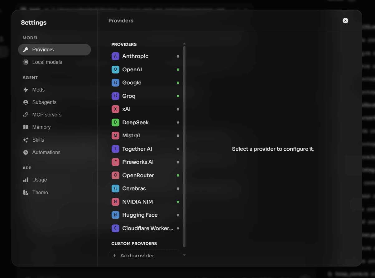 Vivianne's Settings → Providers panel, showing the full list of connected model providers
